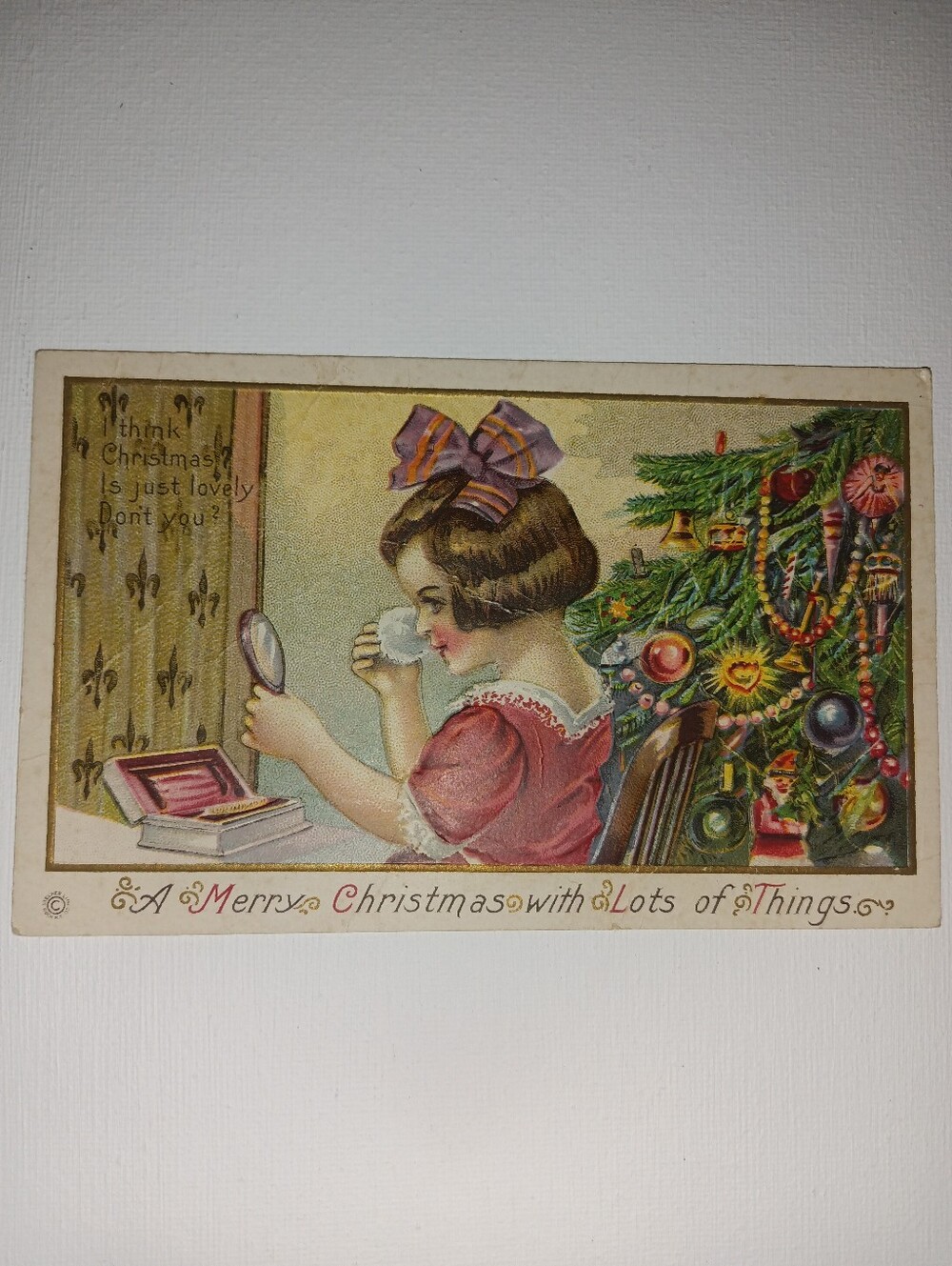 Vintage Postcard Merry Christmas Girl In Makeup Mirror  Sweet Postcard Only